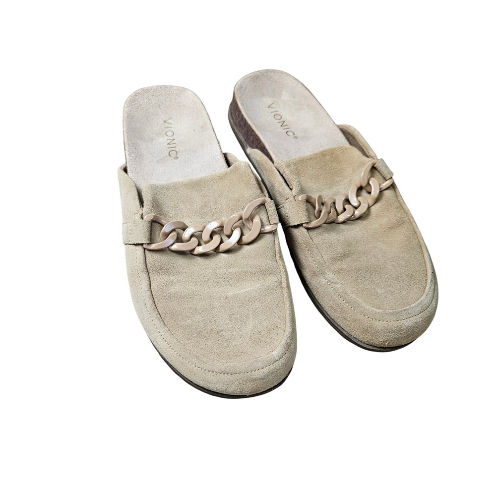 Vionic Georgie Suede Tan Slip On Clogs Open Back Mules Womens Size 9